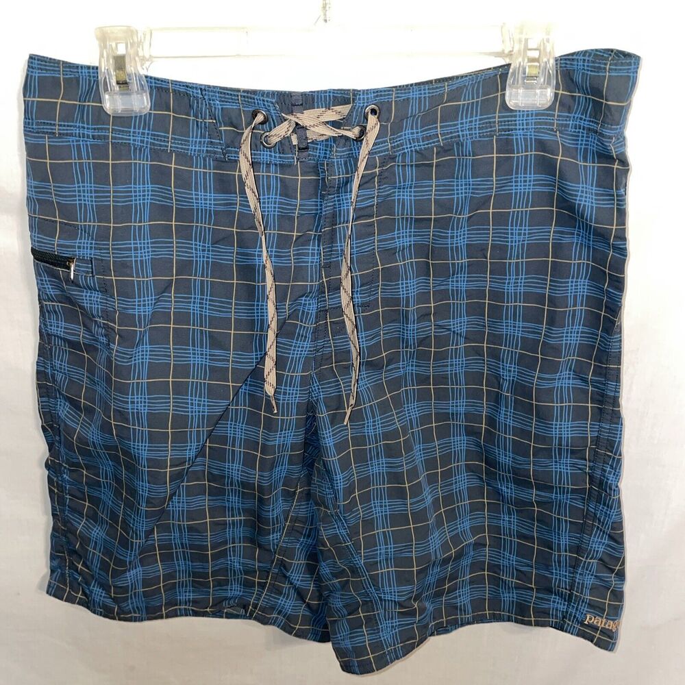 Patagonia Hiking Shorts Men’s Size 32 Blue Striped Drawstring Inseam 10 Rise 11
